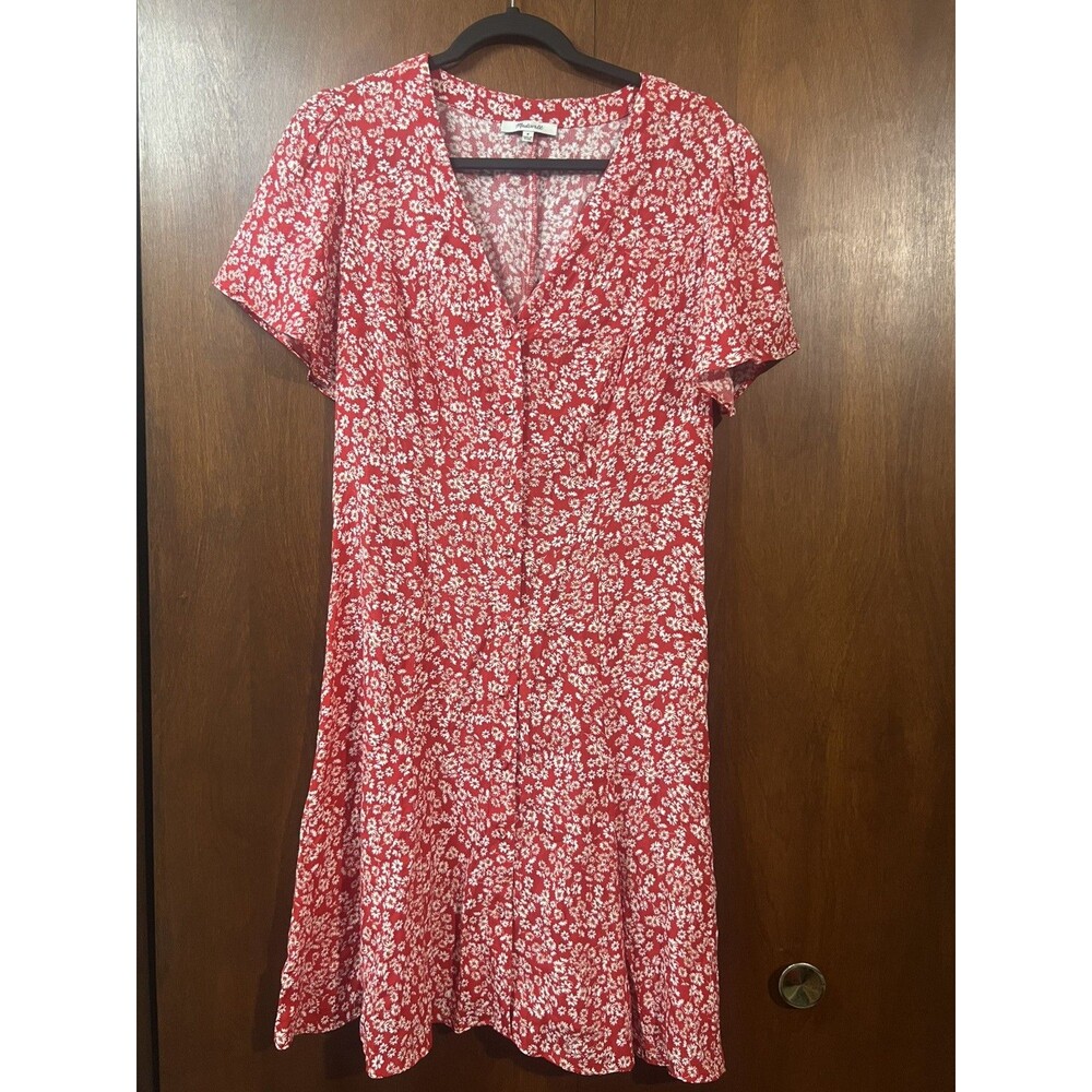 Madewell Red Ditsy Floral V-Neck Button Front Flutter Sleeve A-Line Dress 8